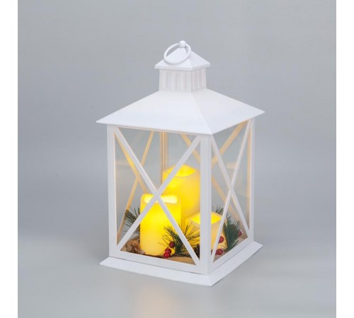 Фонарь декоративный с тремя свечами, белый корпус, 24х24х40см, теплый белый  513-071  NEON-NIGHT