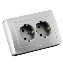 Розетка скрытой установки, двухместная, с заземляющим контактом, цвет серебро  РС16-351-06  HEGEL