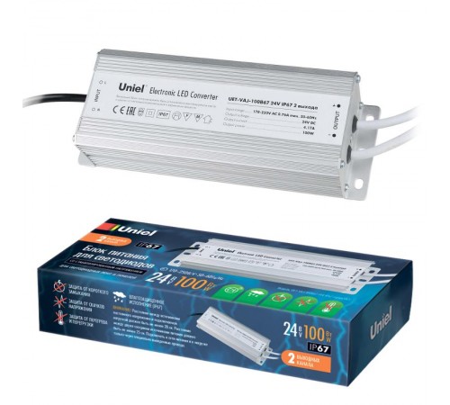 Блок питания с защитой от короткого замыкания и перегрузок, алюм. UET-VAJ-100B67 100Вт, 24В, IP67, 2 выходных канала  10589  Uniel
