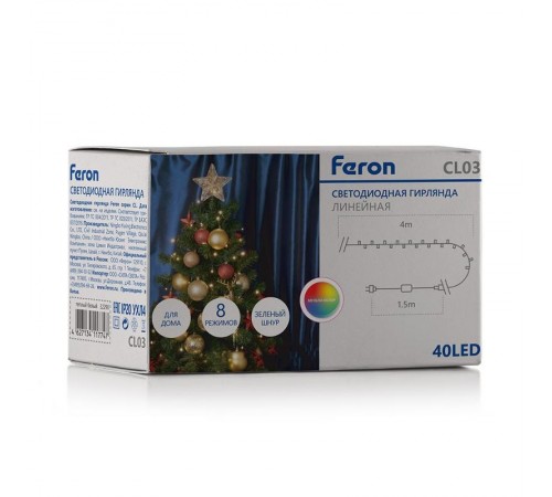 Светодиодная гирлянда CL03 линейная 4м +1.5м 230V разноцветная c питанием от сети  32289  Feron