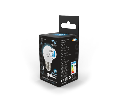 Лампа светодиодная LED 7Вт E27 220В 4100К шар, диммируемая  105102207-S  Gauss
