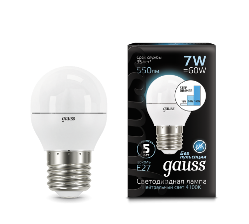 Лампа светодиодная LED 7Вт E27 220В 4100К шар, диммируемая  105102207-S  Gauss
