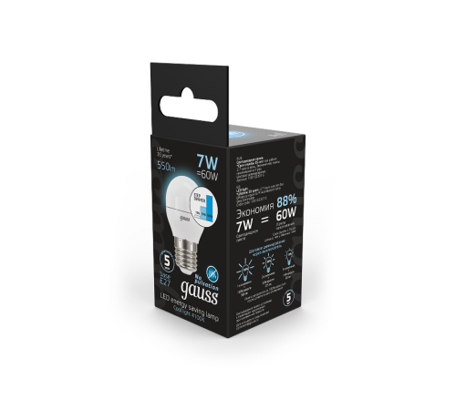 Лампа светодиодная LED 7Вт E27 220В 4100К шар, диммируемая  105102207-S  Gauss