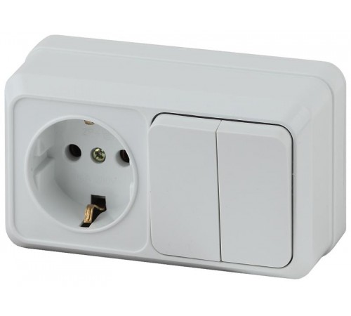 Блок розетка с выключателем Intro Quadro 2-702-01 двойным горизонтальный 10(16)А-250В, IP20, ОУ, белый  Б0053873  Intro