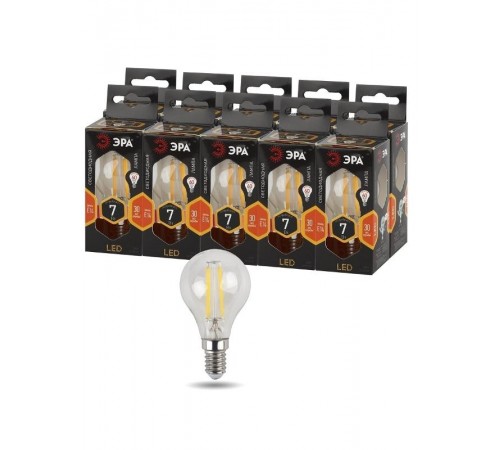 Лампа светодиодная LED филамент шар матовый F-LED P45-7W-827-E14 филамент 7Вт E14 2700К  Б0027946  ЭРА
