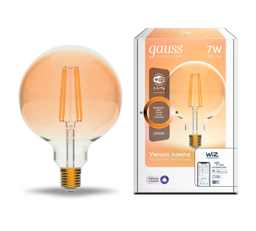 Лампа светодиодная филаментная Smart Home DIM E27 G95 Golden 7 Вт 1/40  1320112  Gauss