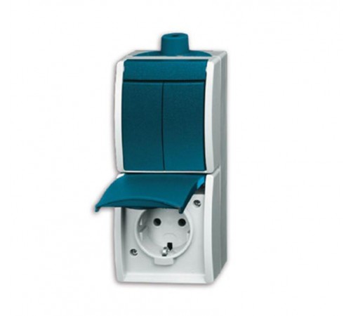 Блок из 2-клавишного выкл. и розетки SCHUKO для открытого монтажа, IP44, серия ocean, цвет серый/сине-зелёный  1684-0-0324  2CKA001684A0324  ABB