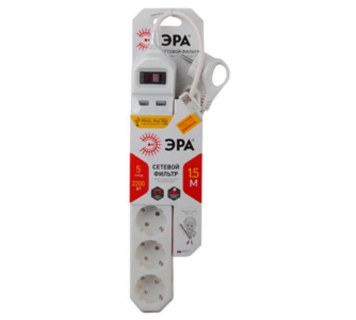 Сетевой фильтр USF-5es-1.5m-USB-W   (белый) с заземл, 3x0,75мм2, с выкл, 5гн+2USB, 1.5м (20/600) Б0019037  ЭРА
