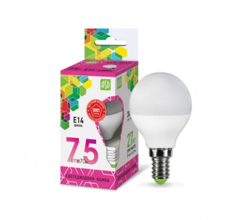 Лампа светодиодная LED-ШАР-standard 7.5Вт 230В Е14 6500К 675Лм  4690612019017  ASD
