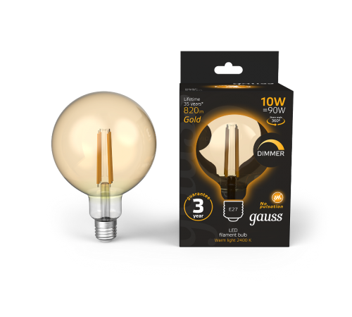 Лампа светодиодная Filament G125 10W 820lm 2400К Е27 golden диммируемая  158802010-D  Gauss