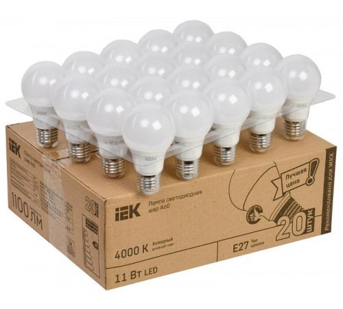 Лампа светодиодная LED A60 груша 11Вт 230В 4000К E27 (20шт/жкхпак)  LLE-A60-11-230-40-E27-20  IEK
