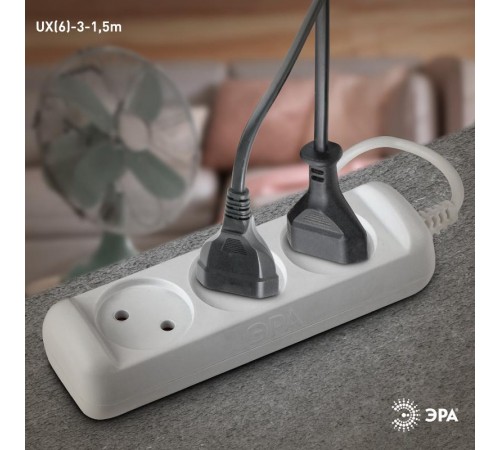 Удлинитель Россия UX(6)-3-1,5m Удлин-ль без зазeмл., 2х0.75мм2, ПВС, 3гн, 1,5м  Б0038567  ЭРА