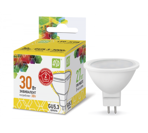 Лампа светодиодная LED-JCDR-standard 3Вт 230В GU5.3 3000К 270Лм  4690612002248  ASD
