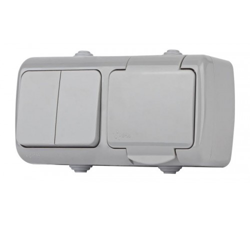 5-701-03 Блок розетка 2P+E + выключатель, 10(16)А-250В, ОУ, Atlantic, IP54, серый  Б0050947  Intro