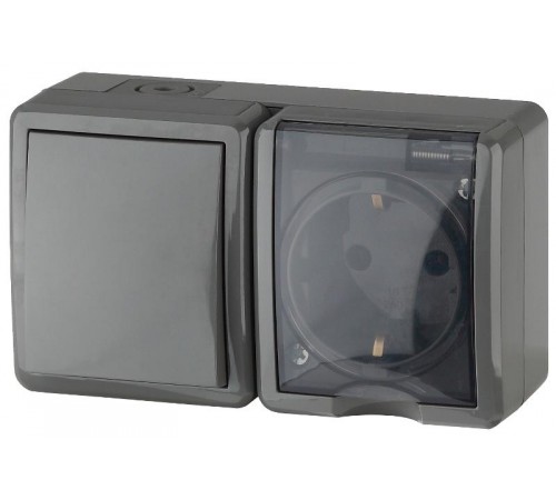 Блок розетка+выключатель 11-7401-03 IP54, 16АХ(10AX)-250В, ОУ, Эксперт, Серый Б0020734  ЭРА