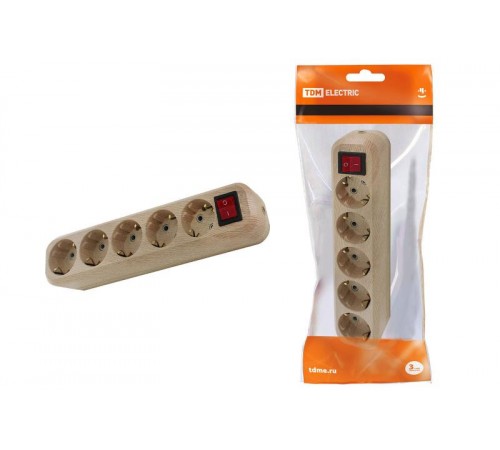 Колодка розеточная 5 гнезд 2П+3 с выключателем16А 250В "Эко" (сосна)   SQ1806-0055  TDM