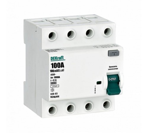 Выключатель дифференциальный (УЗО) УЗО-03 4п 100A 100мА тип AC 6кА  14246DEK  DEKraft