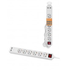 Удлинитель бытовой У06В-USB 6 гнезд, 2USB 2,4А, 3 м, вык., з/к, ПВС 3х0,75мм2 10А/250В белый  SQ1303-0307  TDM
