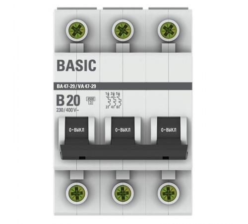 Выключатель автоматический трехполюсный 3P 20А (B) 4,5кА ВА 47-29 Basicmcb4729-3-20-BEKF