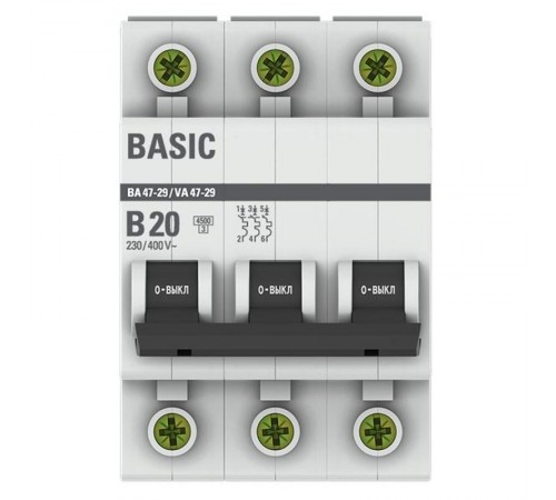 Выключатель автоматический трехполюсный 3P 20А (B) 4,5кА ВА 47-29 Basicmcb4729-3-20-BEKF