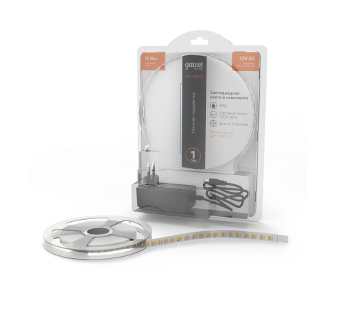 Лента светодиодная Basic в комплекте LED 2835/120 12V 12W/m 1200lm/m 3000K 8mm IP65 5m 1/50  BT070  Gauss