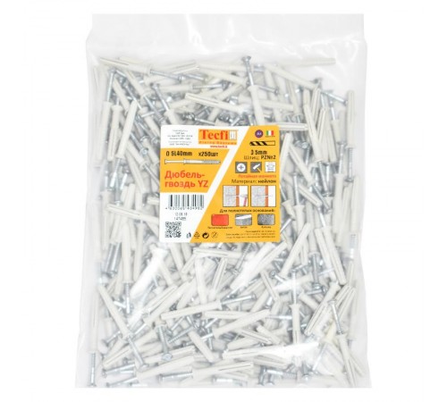 Дюбель-гвоздь YZ потайн. манжета нейлон 5x40 (250 шт)- пакет  147485  Tecfi