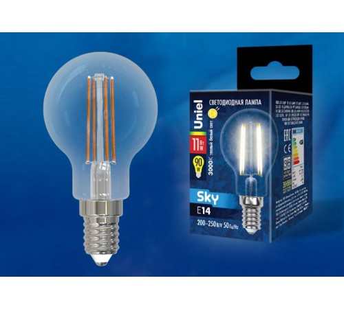 Лампа светодиодная LED-G45-11W/3000K/E14/CL PLS02WH LED. "шар", прозр. 3000К Серия Sky  UL-00005176  Uniel