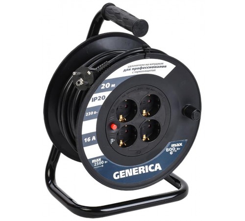 Катушка УК20 с т/з 4 места 2P+PE/20м 3х1,5мм2  WKP20-16-04-20-G  GENERICA