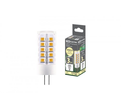 Лампа светодиодная G4-3 Вт-AC/DC 12 В-3000 К, SMD, 16x43 мм  SQ0340-0093  TDM