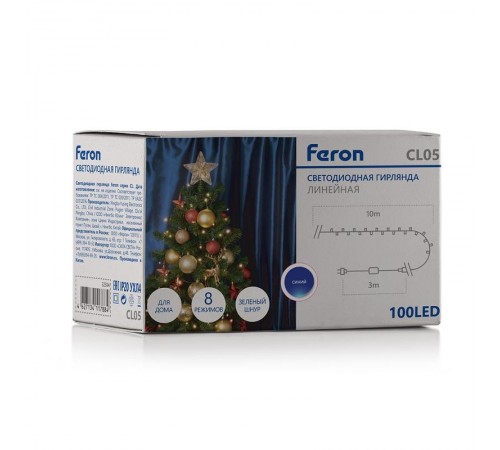 Светодиодная гирлянда CL05 линейная 10м +1.5м 230V синий c питанием от сети  32307  Feron