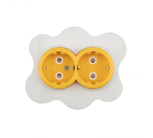 Розетка двойная HAPPY Яичница скрытой установки, с заземлением и защитными шторками, желтая/белая  KR-78-0632  Kranz