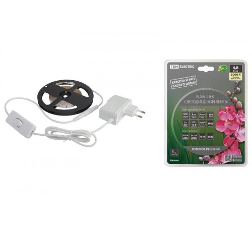 Комплект светодиодной ленты SMD2835-60 LED/м-12 В-4,8 Вт/м-IP65-3000 К (3 м), 18 Вт  SQ0331-0230  TDM