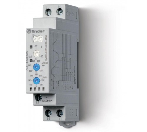 Контрольное реле для 1-фазных сетей; пониженное/повышенное напряжение, настраиваемые диапазоны; выход 1CO 10А  701182302022  Finder