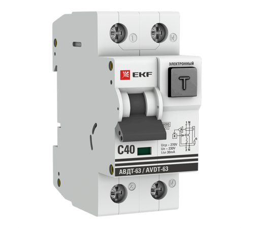Выключатель автоматический дифференциального тока АВДТ-63 40А/ 30мА (характеристика C, электронный, тип АС) 6кА PROxima  DA63-40-30e-AC  EKF (замена