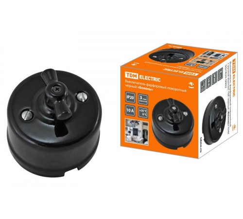 Выключатель фарфоровый поворотный с ручкой (бантик) 10А черный "Болонь"  SQ1820-0002  TDM