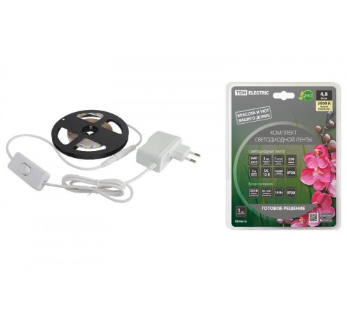Комплект светодиодной ленты SMD2835-60 LED/м-12 В-4,8 Вт/м-IP20-3000 К (3 м), 18 Вт  SQ0331-0221  TDM