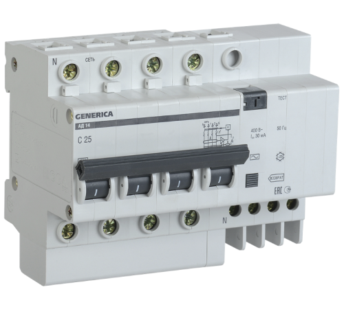 Выключатель автоматический дифференциального тока АД14 4п 40А C 40А тип AC (7,4 мод)  MAD15-4-040-C-030  GENERICA
