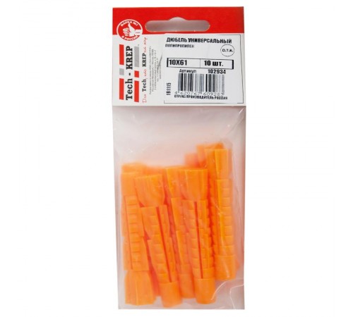 Дюбель универсальный 10х61 без бортика (10 шт) - пакет ( 0,032 кг)  102934  Tech-KREP