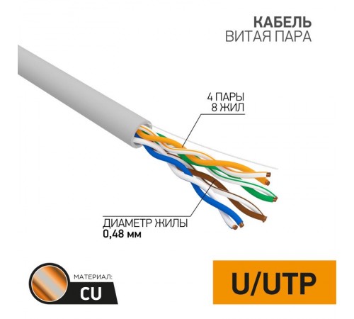 Кабель UTP PROconnect 4PR 24AWG, CU (медь), CAT5E, 100 МГц, PVC, серый, бухта 100 м  01-0052-100  PROconnect