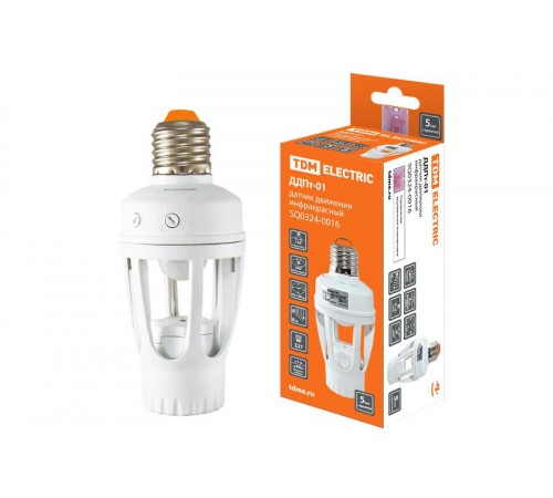 Датчик движения ДДПт-01 60Вт, 10-120с, 6м, 3+Лк, 120(сбоку)+360(сверху)гр IP20,  SQ0324-0016  TDM