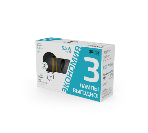 Лампа светодиодная   Basic Filament Шар 5,5W 530lm 4100К Е27 LED (3 лампы в упаковке) 1/20  1051226T  Gauss