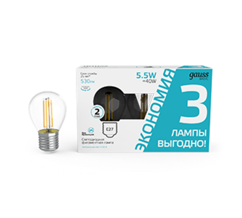 Лампа светодиодная   Basic Filament Шар 5,5W 530lm 4100К Е27 LED (3 лампы в упаковке) 1/20  1051226T  Gauss