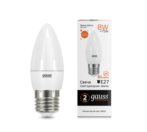 Лампа светодиодная LED 8Вт E27 220В 2700К Elementary свеча  33218  Gauss