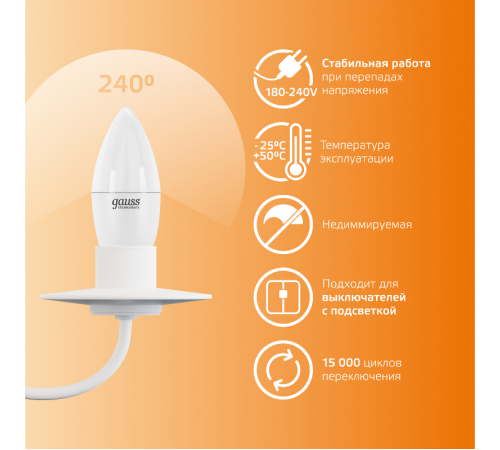 Лампа светодиодная LED 8Вт E27 220В 2700К Elementary свеча  33218  Gauss