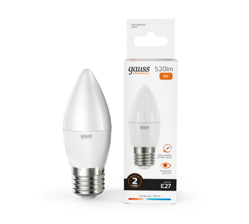 Лампа светодиодная LED 8Вт E27 220В 2700К Elementary свеча  33218  Gauss