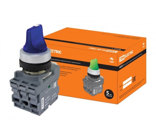 Переключатель на 3 положения с фиксацией M3SS1-21L короткая ручка(LED) d22мм/220B 1з+1р синий  SQ0747-0077  TDM