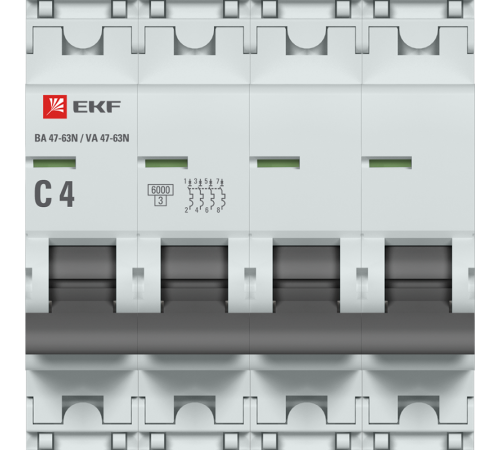 Выключатель автоматический четырёхполюсный 4А (C) 6кА ВА 47-63N PROxima M636404C  EKF