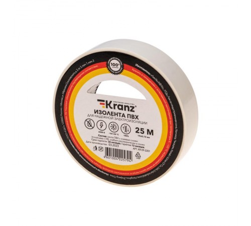 Изолента ПВХ 19 мм х 25 м, белая  KR-09-2201  Kranz