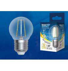 Лампа светодиодная LED-G45-9W/3000K/E27/CL/DIM GLA01TR LED диммируемая. "шар", прозр серия Air. 3000K  UL-00005193  Uniel