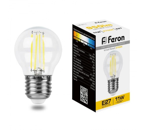 Лампа светодиодная LB-511 (11W) 230V E27 2700K филамент G45 прозрачная  38015  FERON